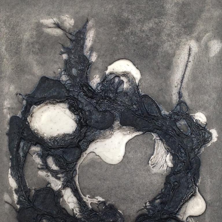 Abstract ink and fibers on paper in black and white.

I grew up in the United States and completed a BA in literature in Santa Barbara, CA, an MA in literature in Sydney, Australia, and a three-year printmaking diploma in London, where I currently