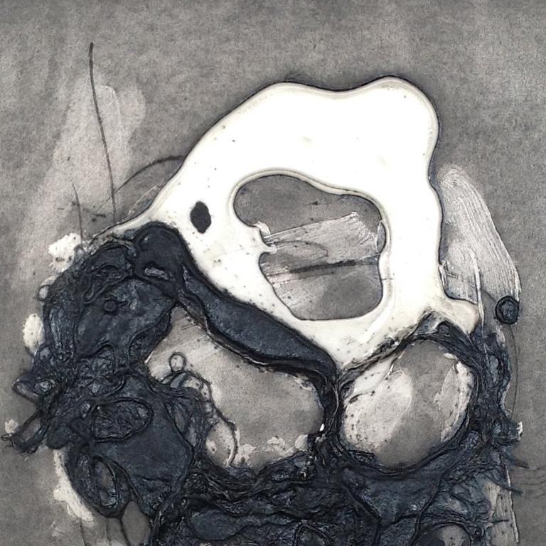 Abstract ink and fibers on paper in black and white.

I grew up in the United States and completed a BA in literature in Santa Barbara, CA, an MA in literature in Sydney, Australia, and a three-year printmaking diploma in London, where I currently