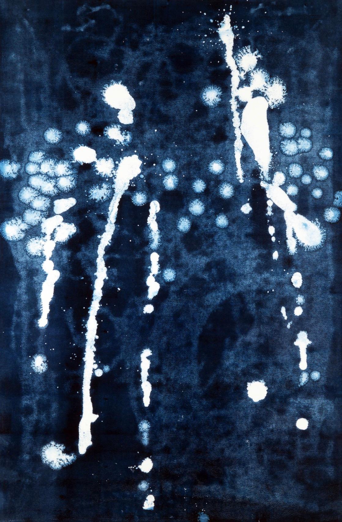 Alyssa Warren Abstract Painting - "Series 9, #03" abstract ink painting of white figures on blue background