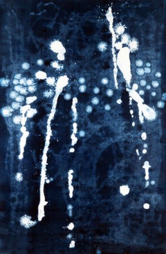"Series 9, #03" abstract ink painting of white figures on blue background