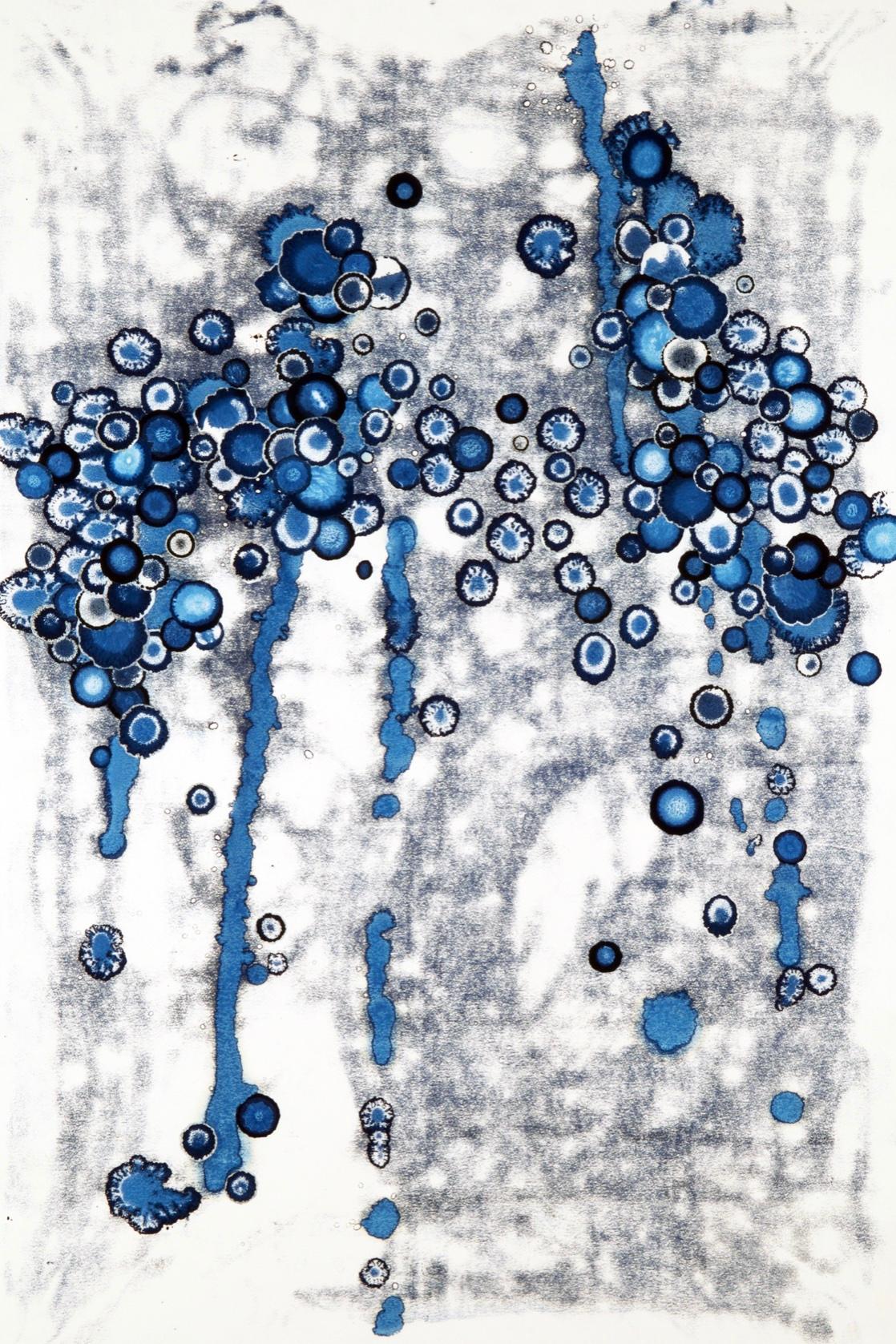 "Series 9, #04" abstract ink painting of dripping dots in shades of blue