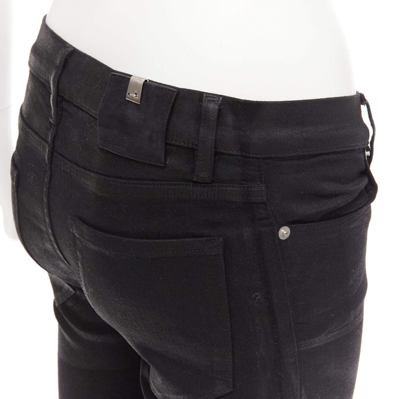 ALYX 2016 black coated cotton blend back zip fray edge skinny jeans 26