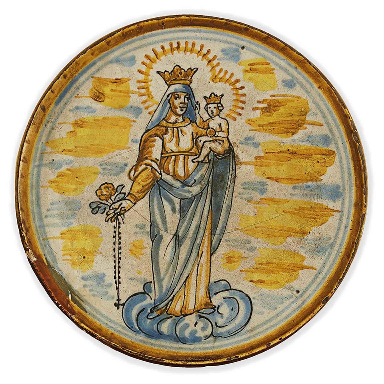 Alzata in Maiolica Italiana dipinta con Madonna con Bambino Ocra e Celeste 1700, Italienisch im Zustand „Gut“ im Angebot in Milan, IT