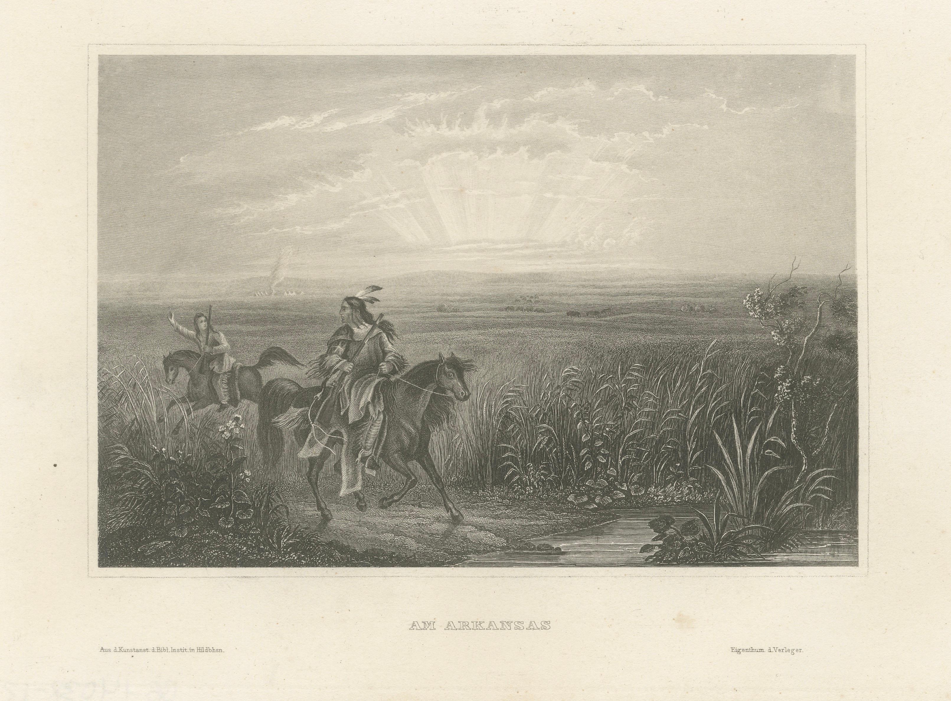Am Arkansas, Antique Native American Frontier Scene Engraving, c.1850