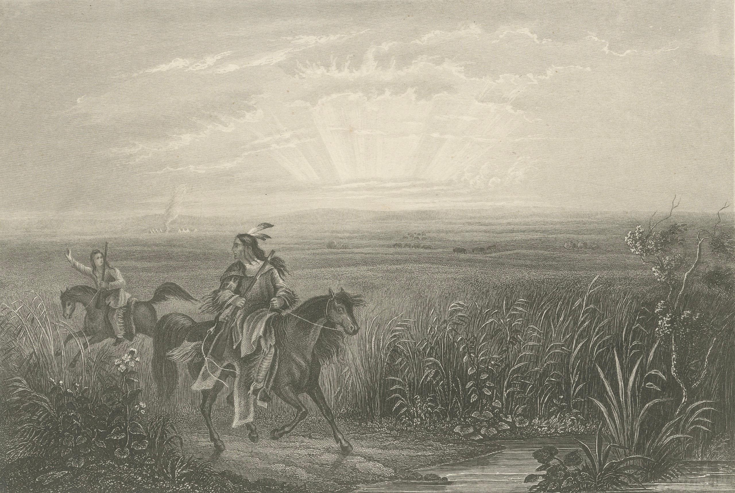 Am Arkansas, Antique Native American Frontier Scene Engraving, c.1850