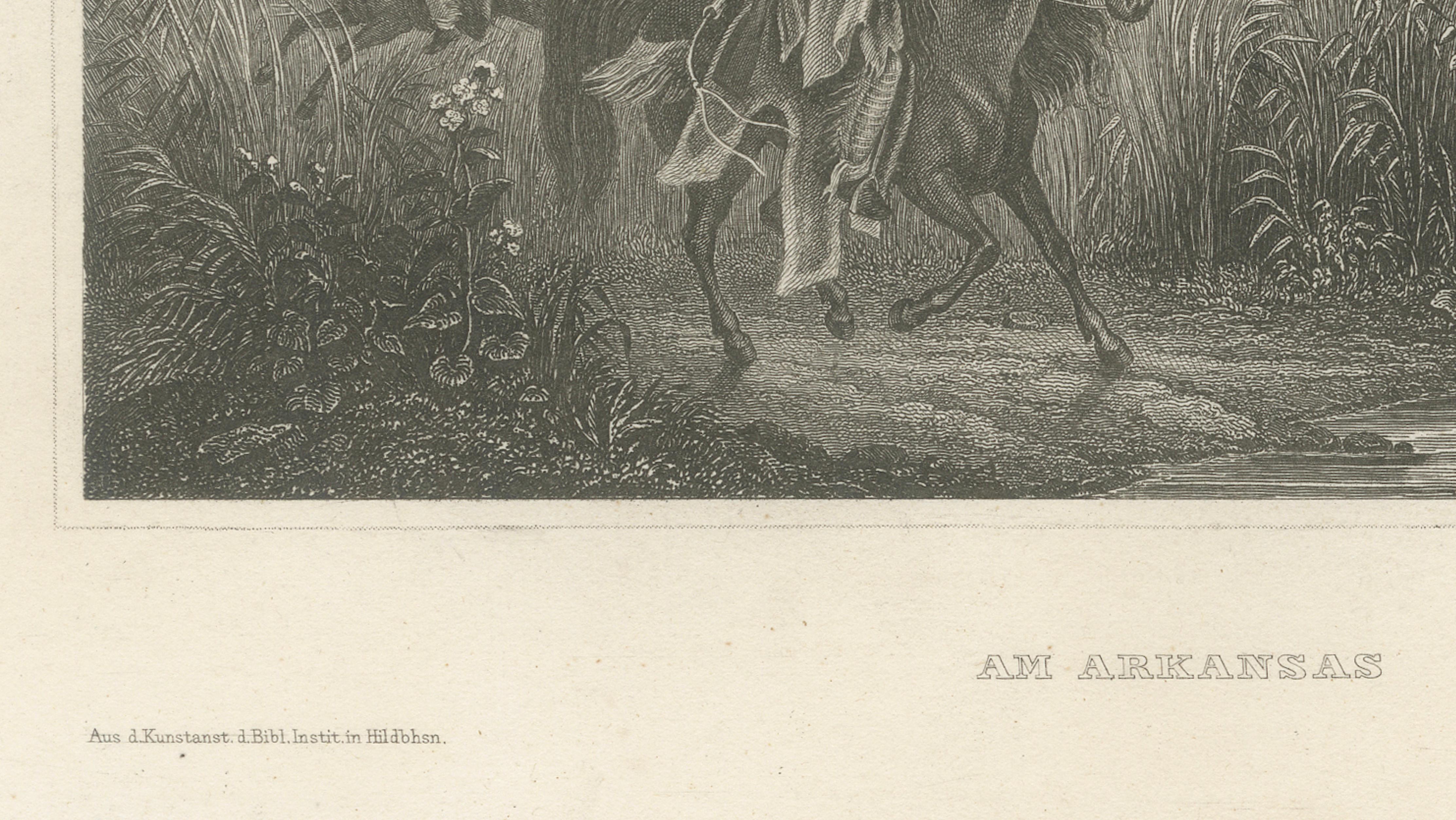 Am Arkansas, Antique Native American Frontier Scene Engraving, c.1850