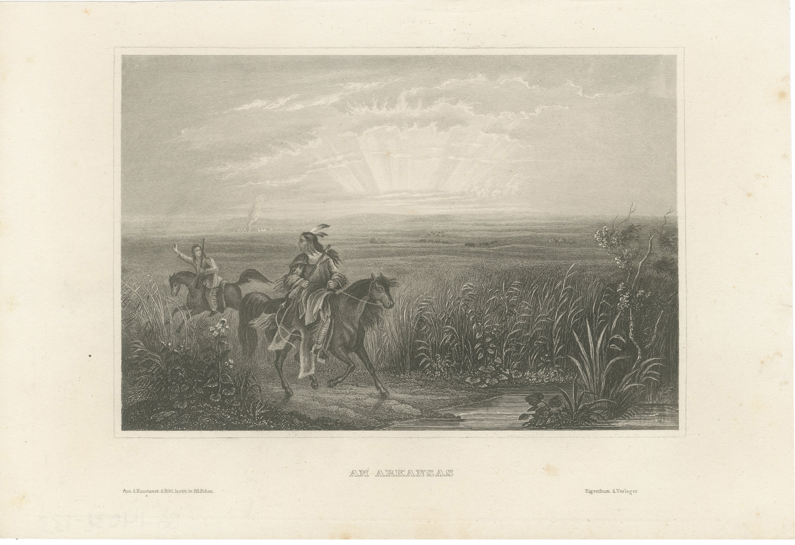 Am Arkansas, Antique Native American Frontier Scene Engraving, c.1850 For Sale