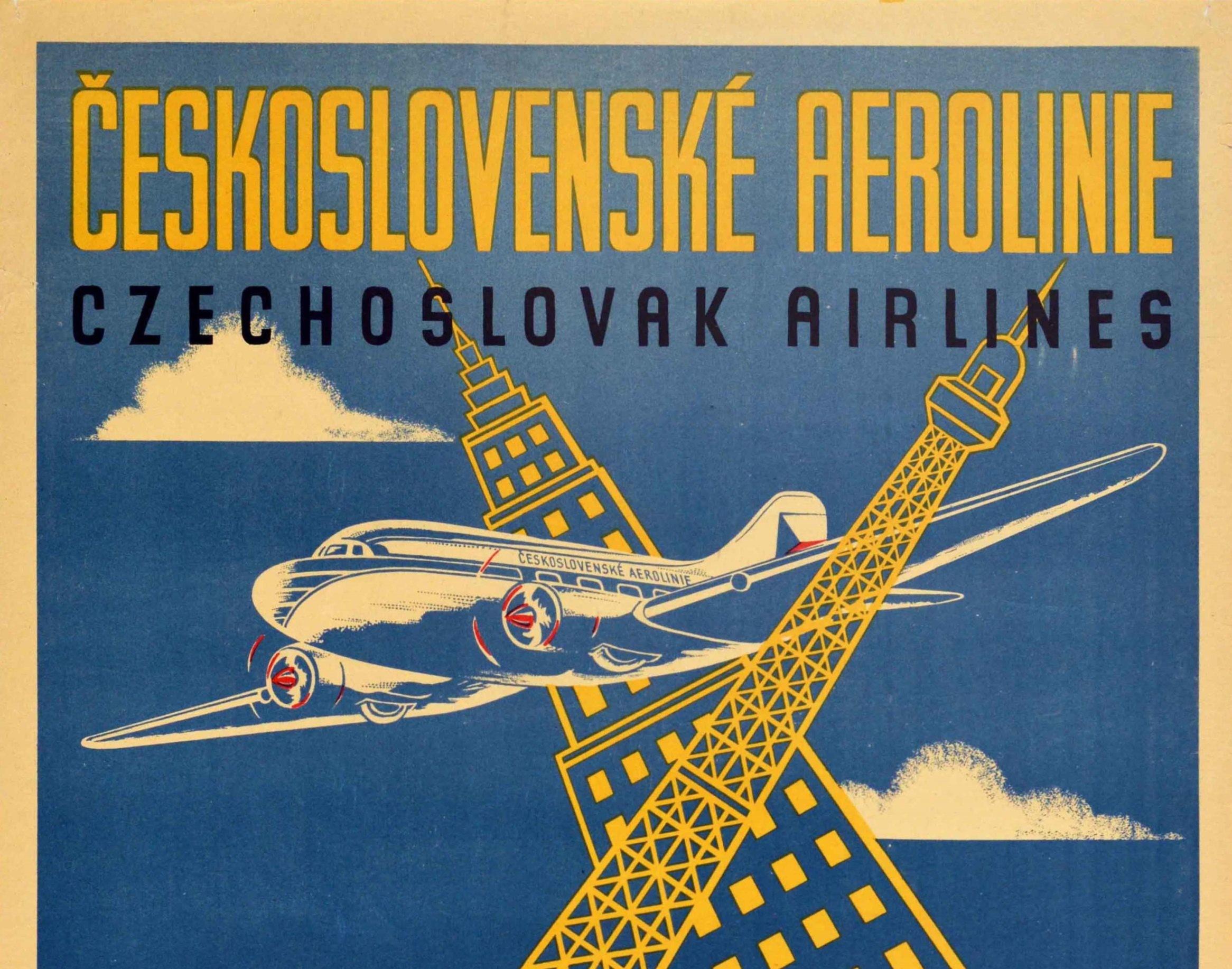 Original Vintage Poster Czechoslovak Airlines Eiffel Tower Empire State Building - Print by Am Bah Kraus