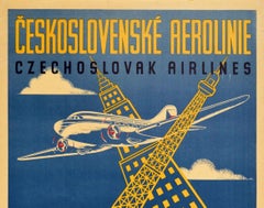 Original Vintage Poster Czechoslovak Airlines Eiffel Tower Empire State Building