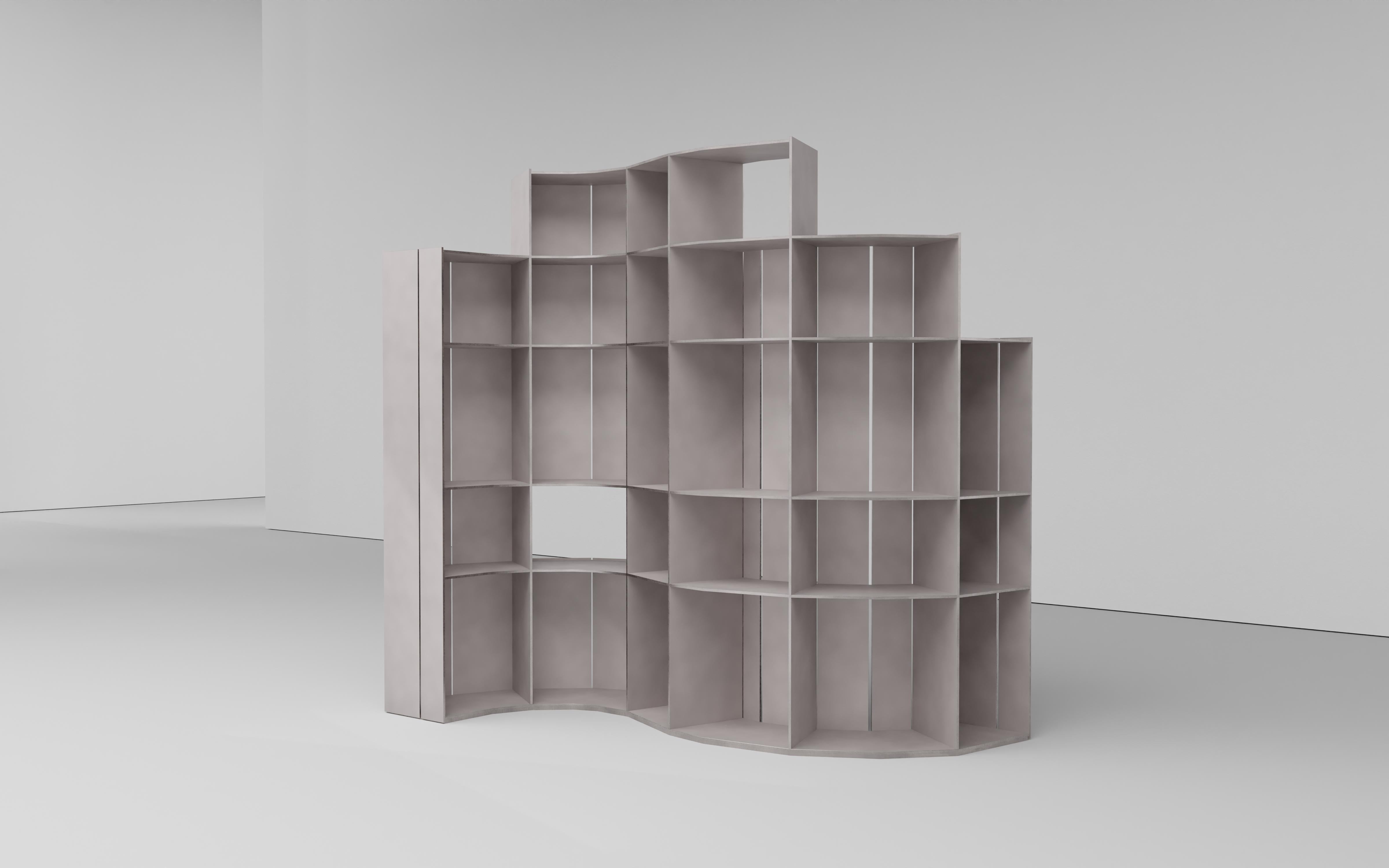 Minimalist AM Floor Shelf in Waxed Aluminum Plate by Jonathan Nesci For Sale
