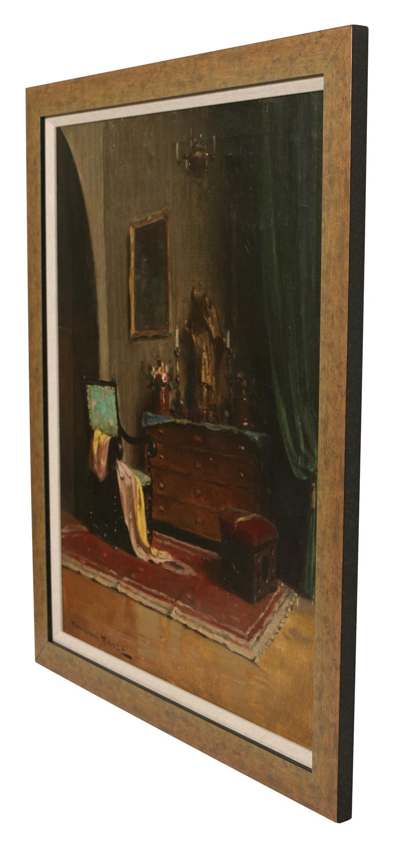 20th Century An Oil Painting of an Interior by a Hungarian Artist