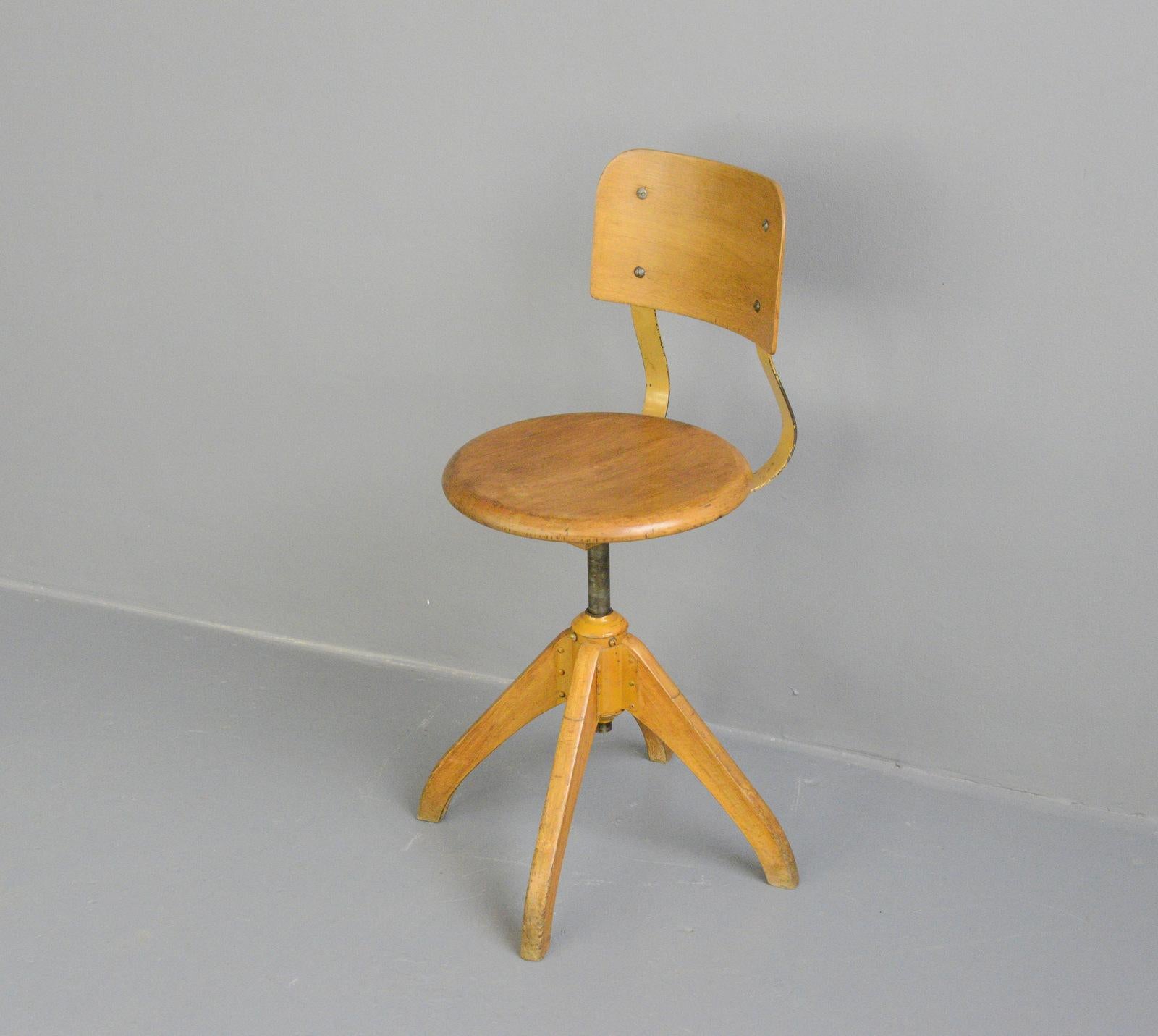 Ama Elastik factory chair, circa 1930s

- Sprung seat
- Height adjustable
- Solid beech seat
- Curved ply backrest
- Original maker decal on the backrest
- Made by Ama Elastik
- German, 1930s
- Measures: 40cm wide x 41cm deep x 90cm tall
-