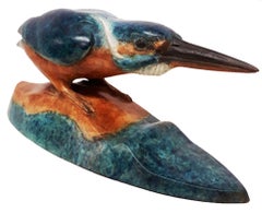 Female Kingfisher in a Threat Display - bronze sculpture wildlife bird 