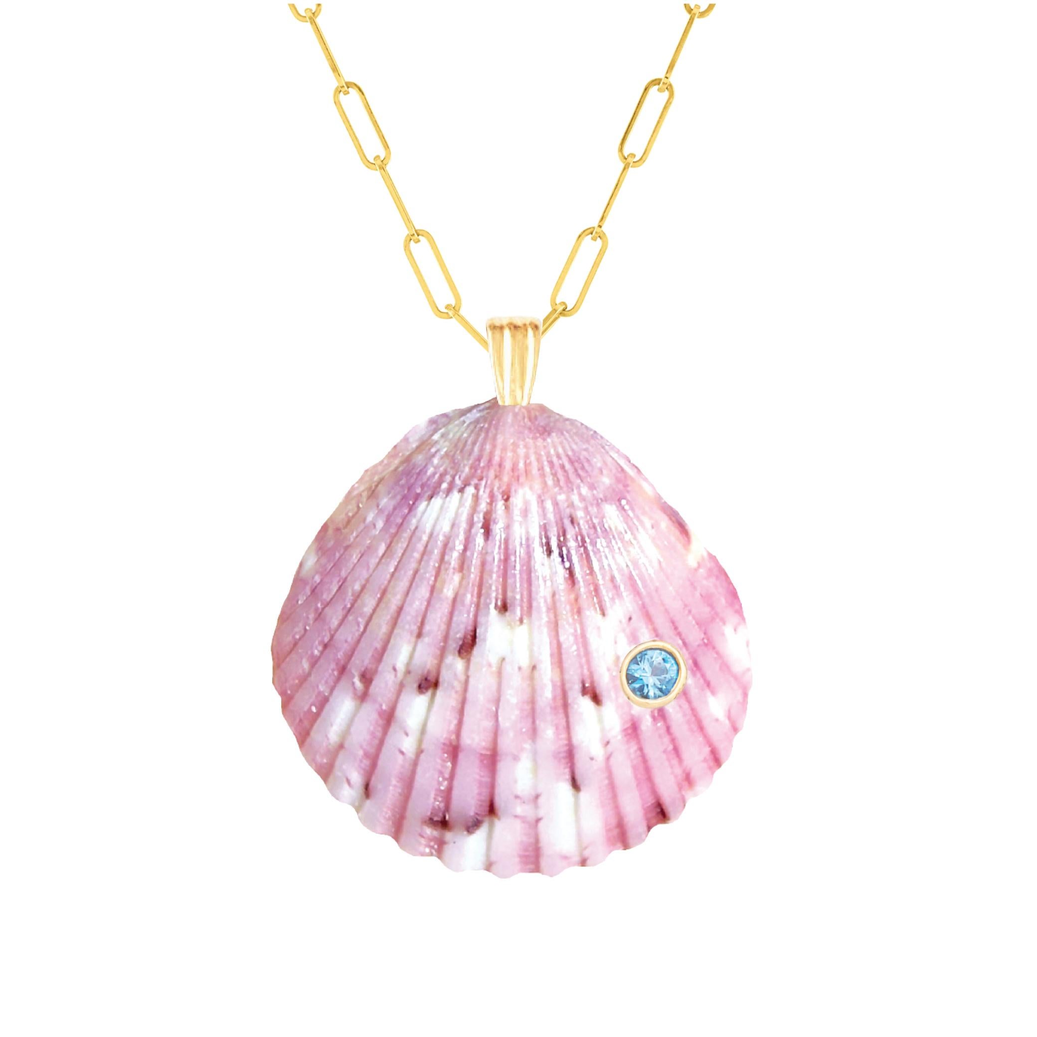 Round Cut Ama Natural Shell Pendant with 14k Gold and Natural Blue Topaz Gemstone For Sale