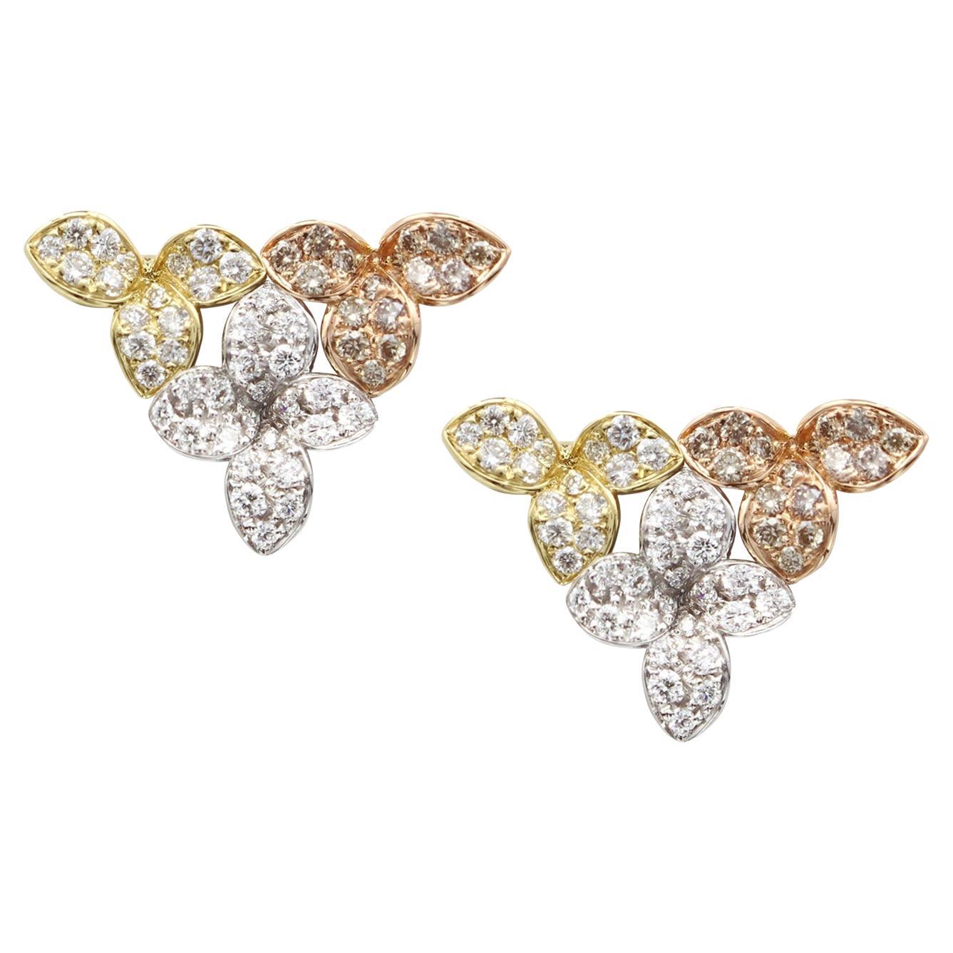 Ama Triangle Earrings in 18k Rose White Yellow Gold w/ White & Champagne Diamond For Sale
