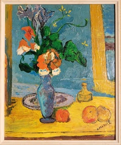 Nature morte inspirée de Cézanne. Le vase bleu". Huile sur carton. 35cm x 30cm.