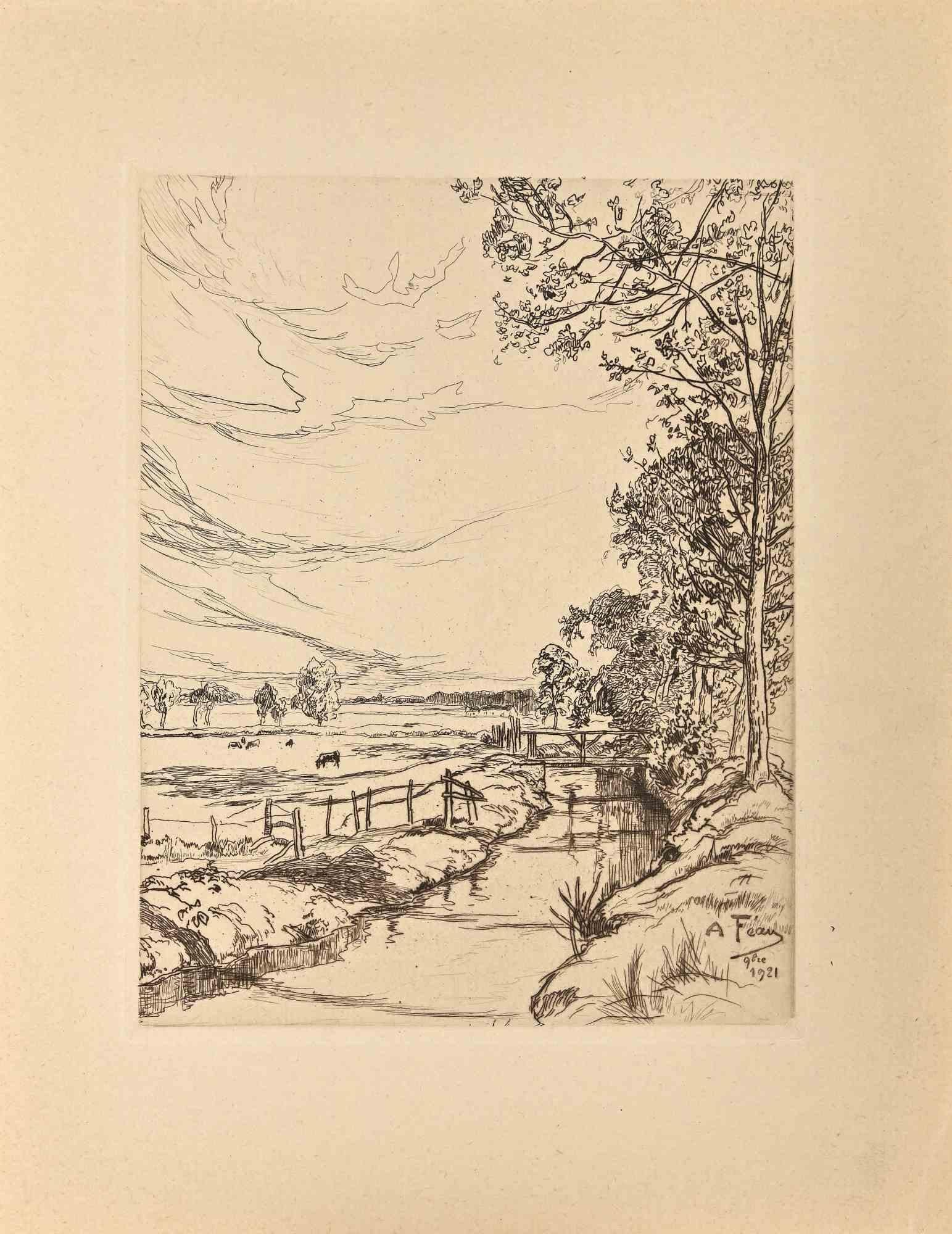 The River By Meadow - Original Etching by Amadée Feau - 1921