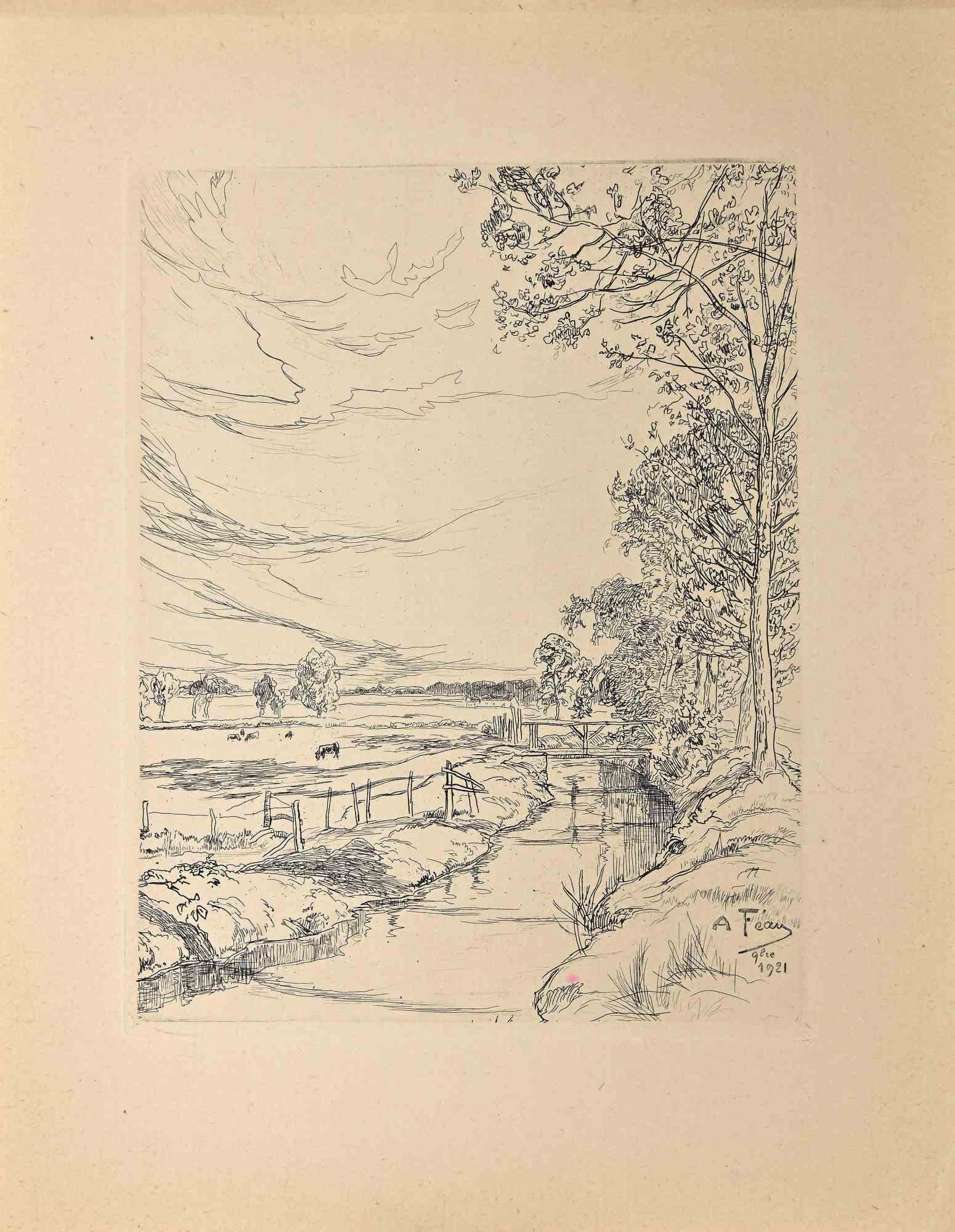 The River By Meadow - Original Etching by Amadée Feau - 1921