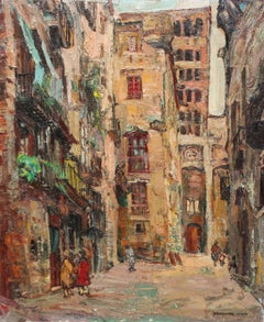Calle del casco antiguo de Barcelona - Óleo sobre tela - Firmado - Sin enmarcar