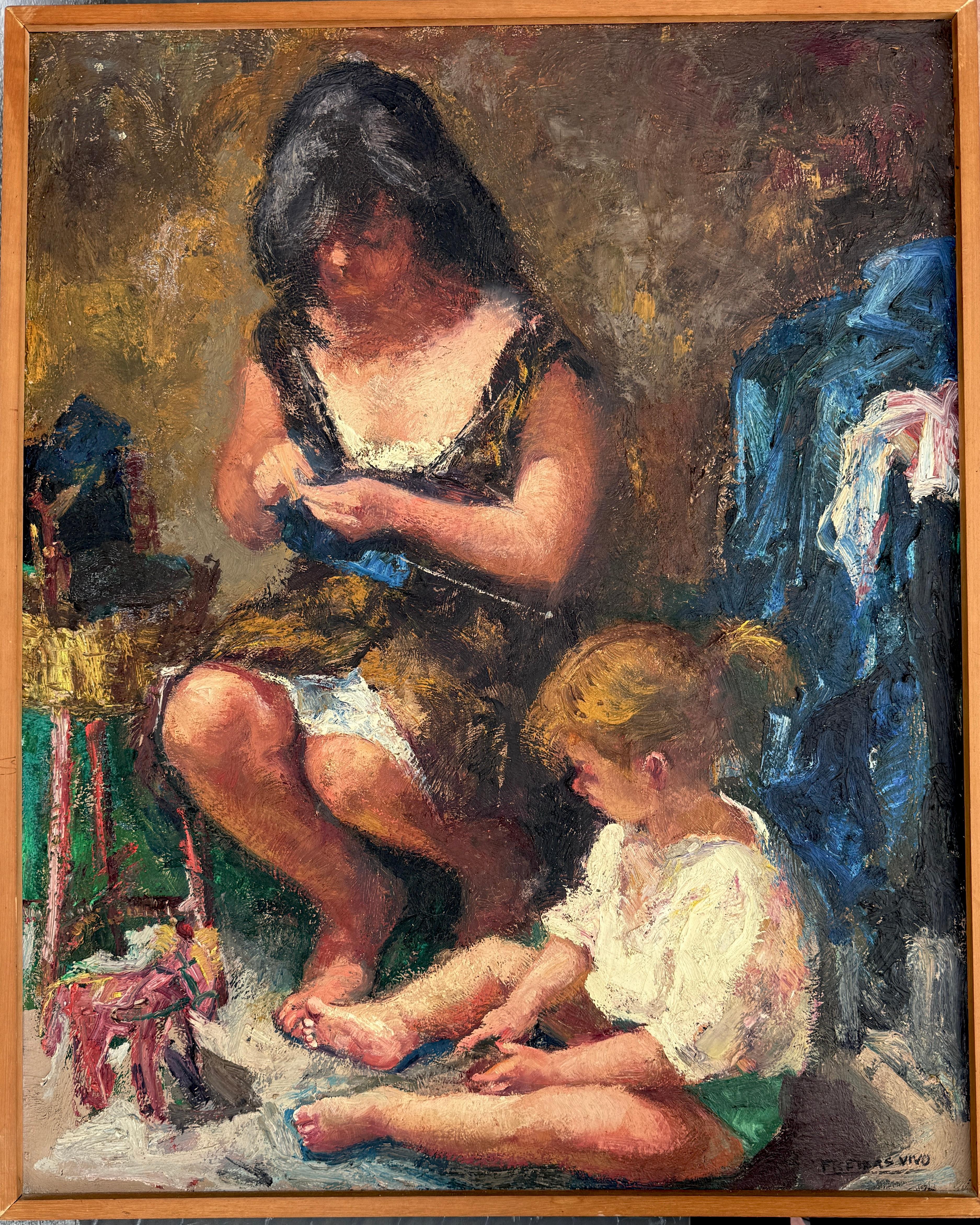 Mother and Daughter oil on canvas painting - Painting de Amadeo Freixas Vivo