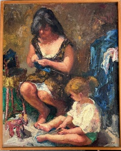 1960s Impressionist Oil Painting of Mother and Daughter, Signed