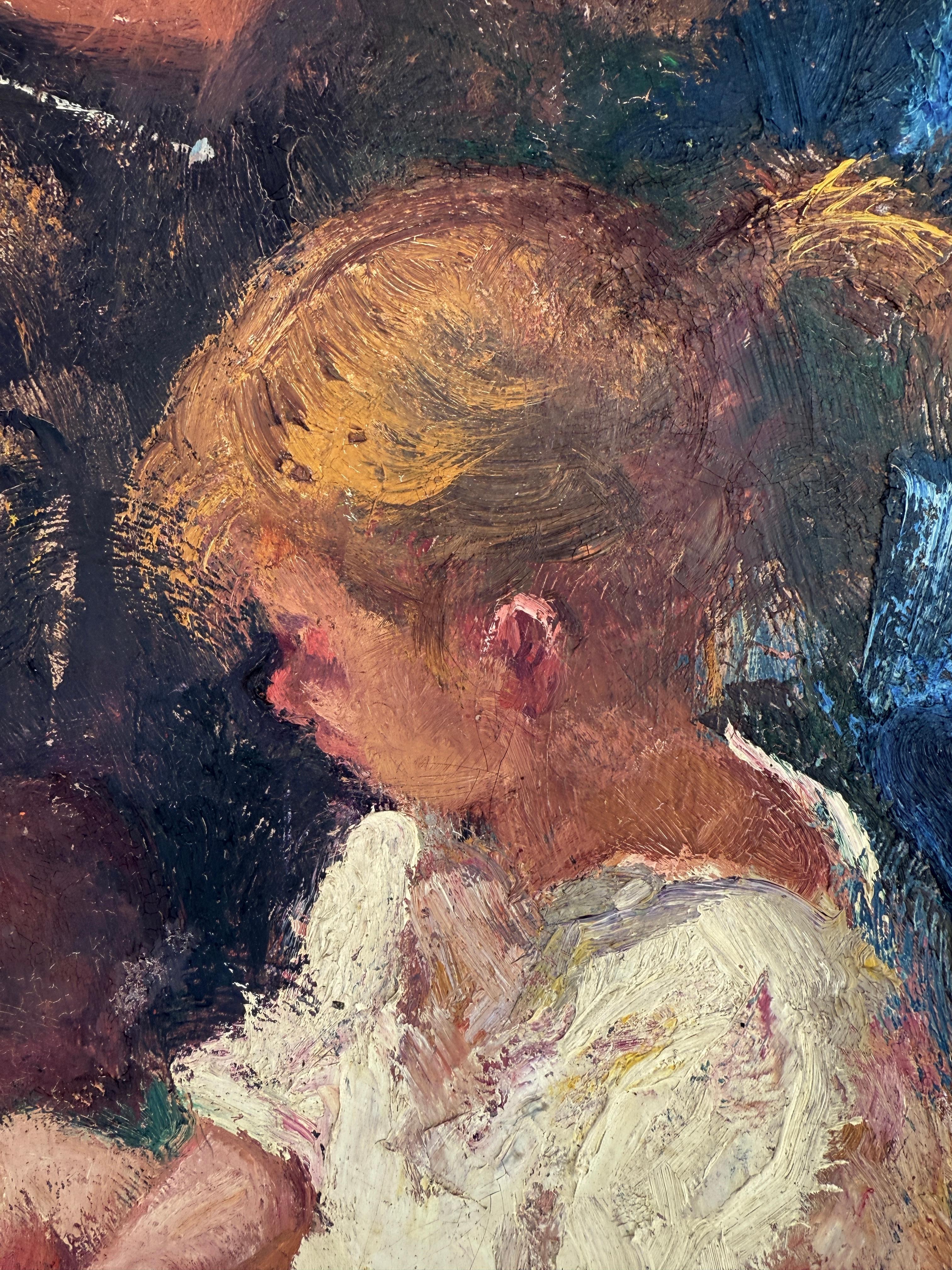 Mother and Daughter oil on canvas painting - Figurative Painting Negro de Amadeo Freixas Vivo