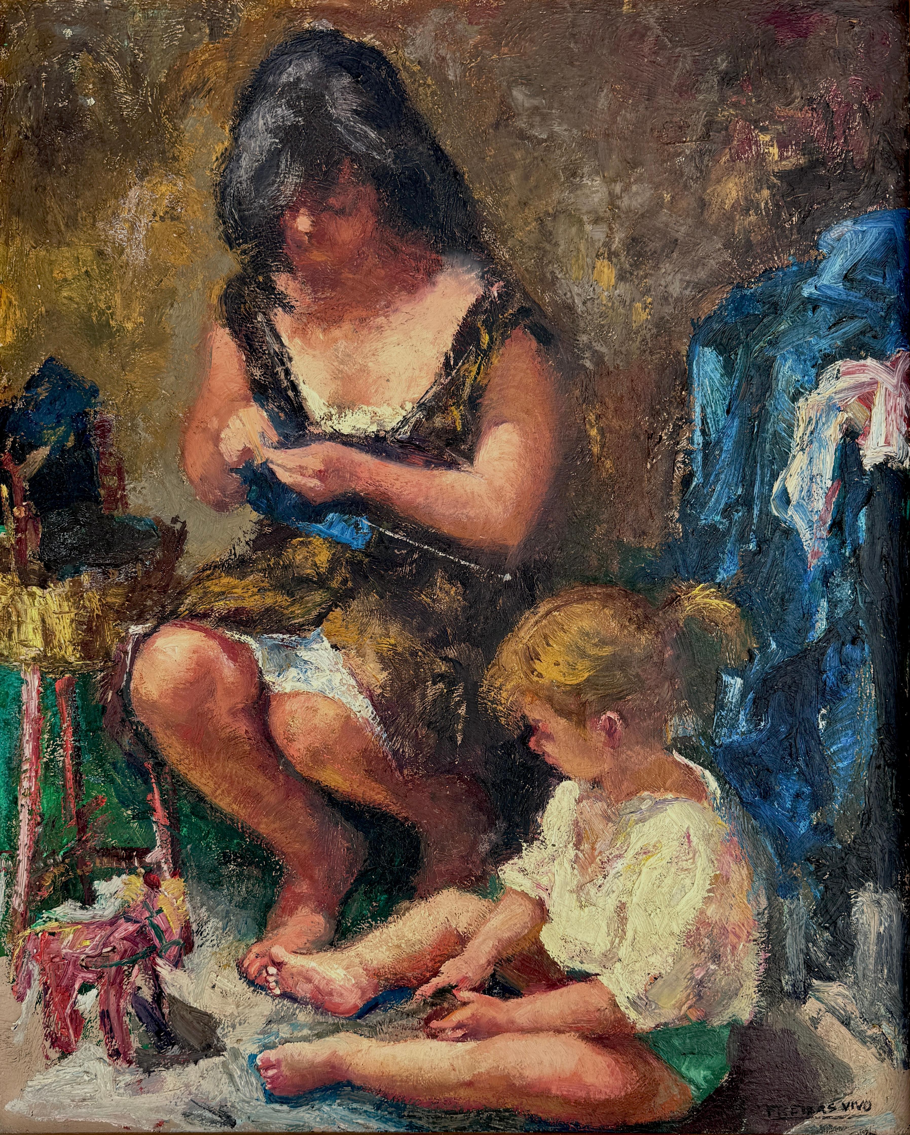 Figurative Painting de Amadeo Freixas Vivo - Mother and Daughter oil on canvas painting