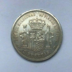 Amadeo I Spanish Silver 5 Pesetas Coin, 1871