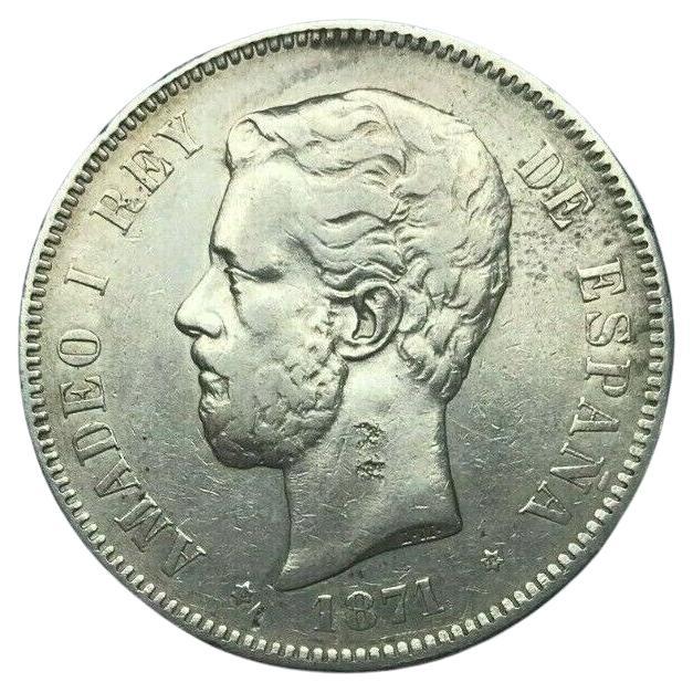 Amadeo I Spanish Silver 5 Pesetas Coin, 1871 For Sale