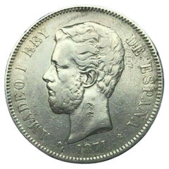 Amadeo I Spanish Silver 5 Pesetas Coin, 1871