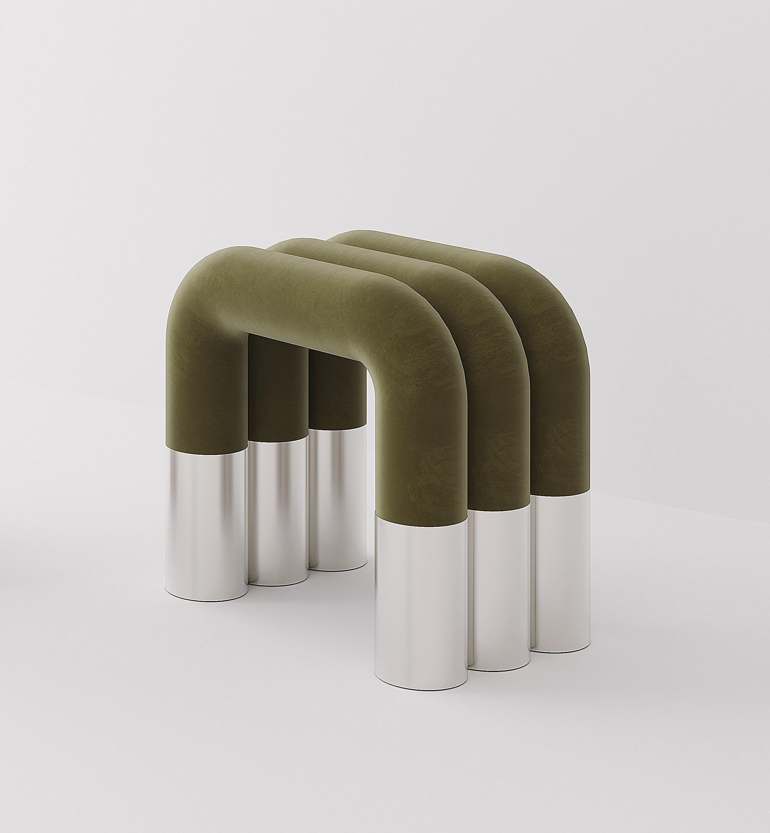 Amadeo Stool by Joana Teixeira
Dimensions: D 37,5 x W 45 x H 42 cm.
Materials: Velvet, satin, stainless steel and wood.

Customization is available upon request. Please contact us.
 
Joana Teixeira was born in Oporto and graduated in industrial