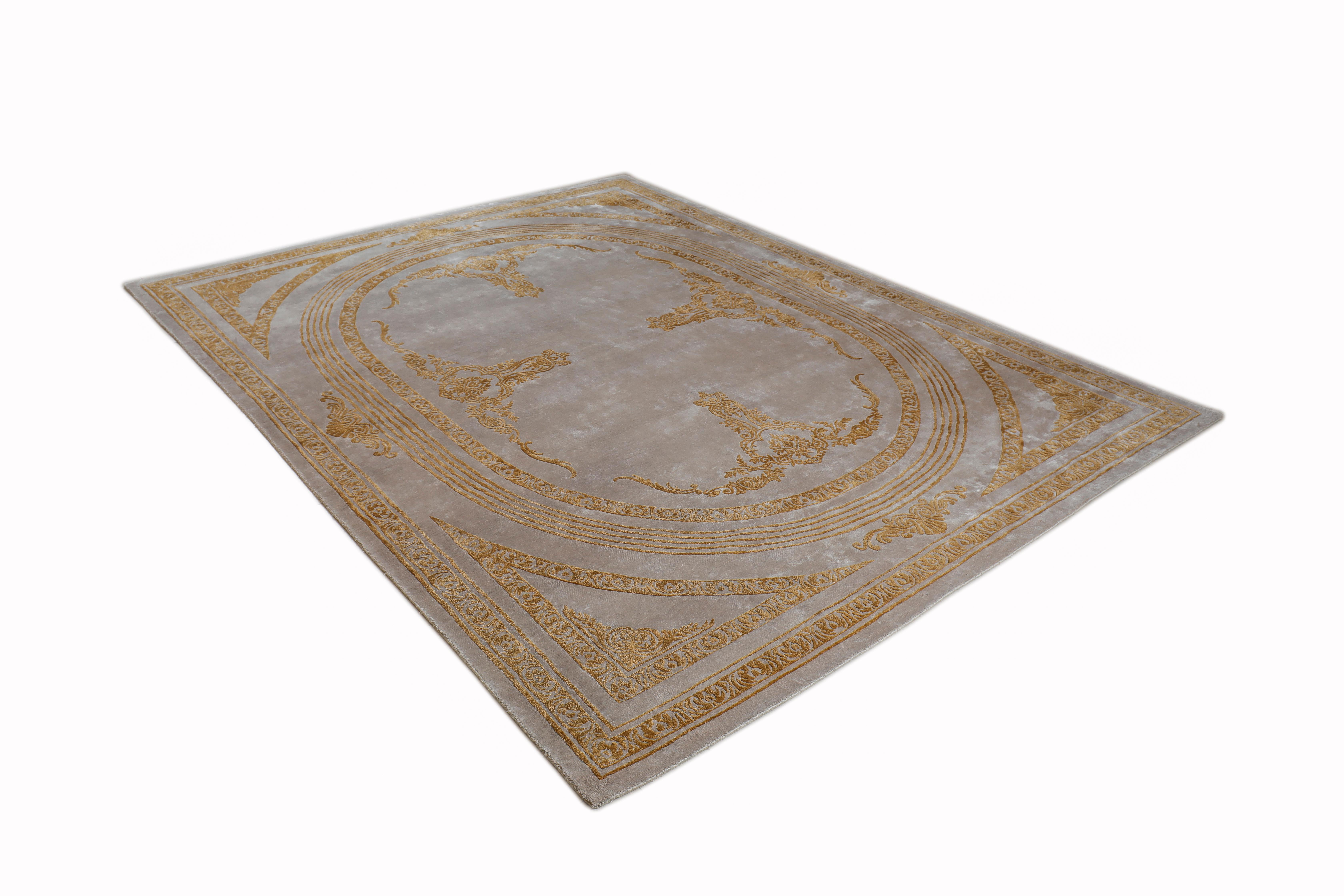 Other AMADEUS Hand Knotted Transitional Silk Rug in Ivory Gold Colour By Hands For Sale