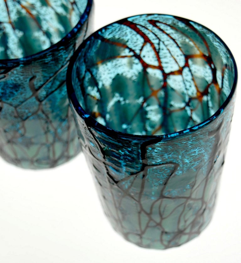 Amadi, Set of Two Tumblers, Murano Acquamarine with Relief Design, Silver Leaf 4