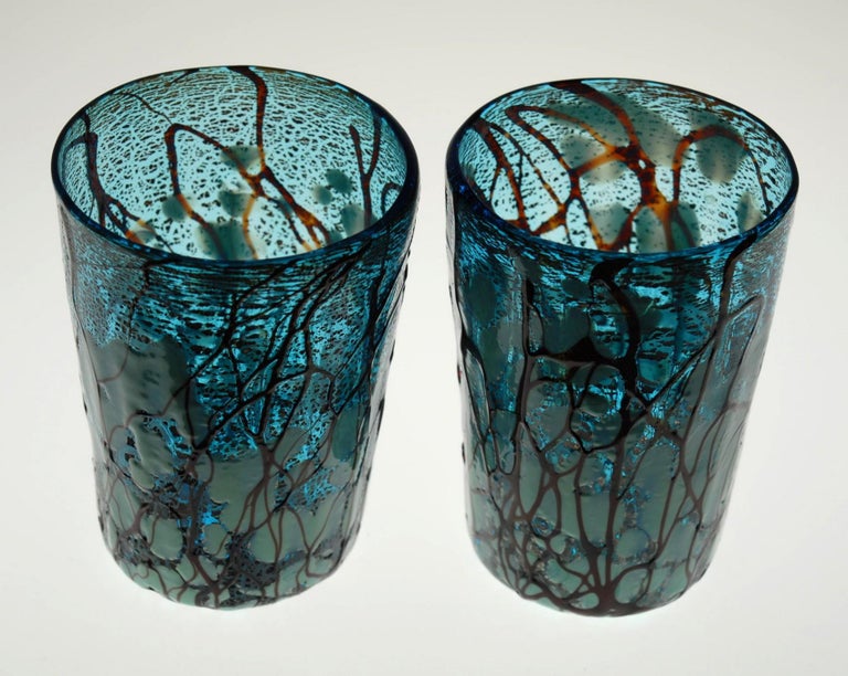 Amadi, Set of Two Tumblers, Murano Acquamarine with Relief Design, Silver Leaf 5