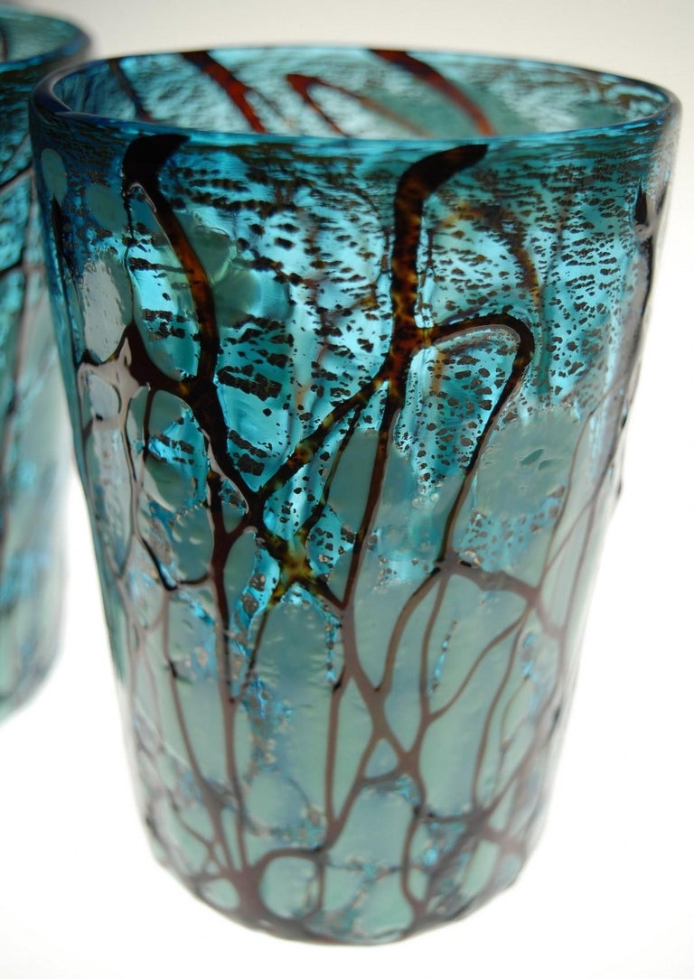 Amadi, Set of Two Tumblers, Murano Acquamarine with Relief Design, Silver Leaf 6