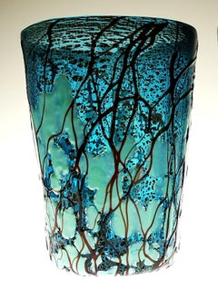 Amadi, Satz von zwei Bechern, Murano-Acquamarine mit Reliefdesign, Blattsilber