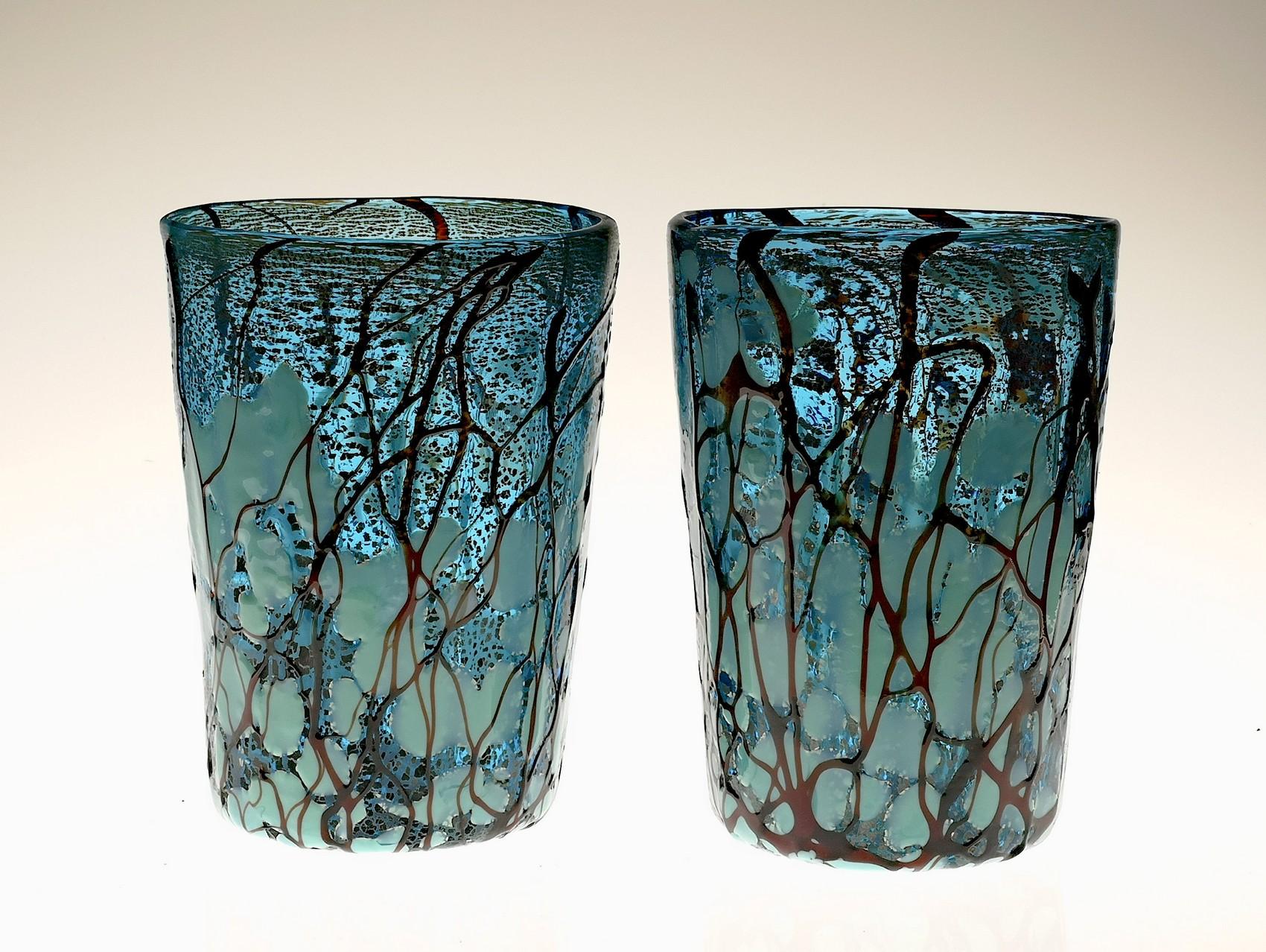 Amadi, Set of Two Tumblers, Murano Acquamarine with Relief Design, Silver Leaf In Excellent Condition In Tavarnelle val di Pesa, Florence