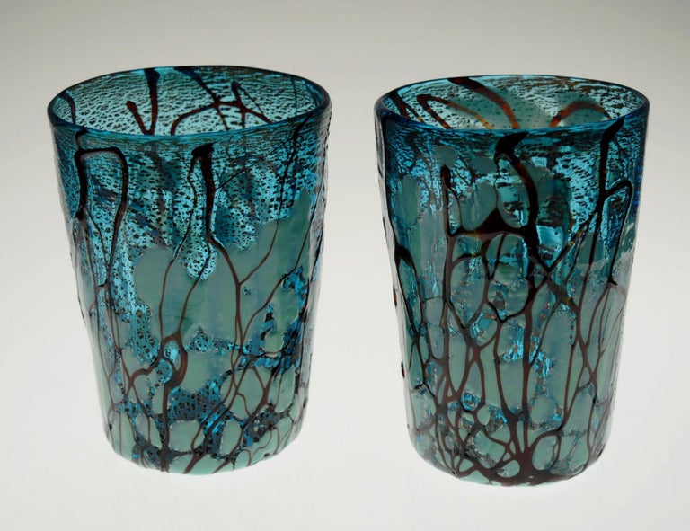 20th Century Amadi, Set of Two Tumblers, Murano Acquamarine with Relief Design, Silver Leaf