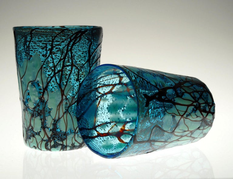 Art Glass Amadi, Set of Two Tumblers, Murano Acquamarine with Relief Design, Silver Leaf