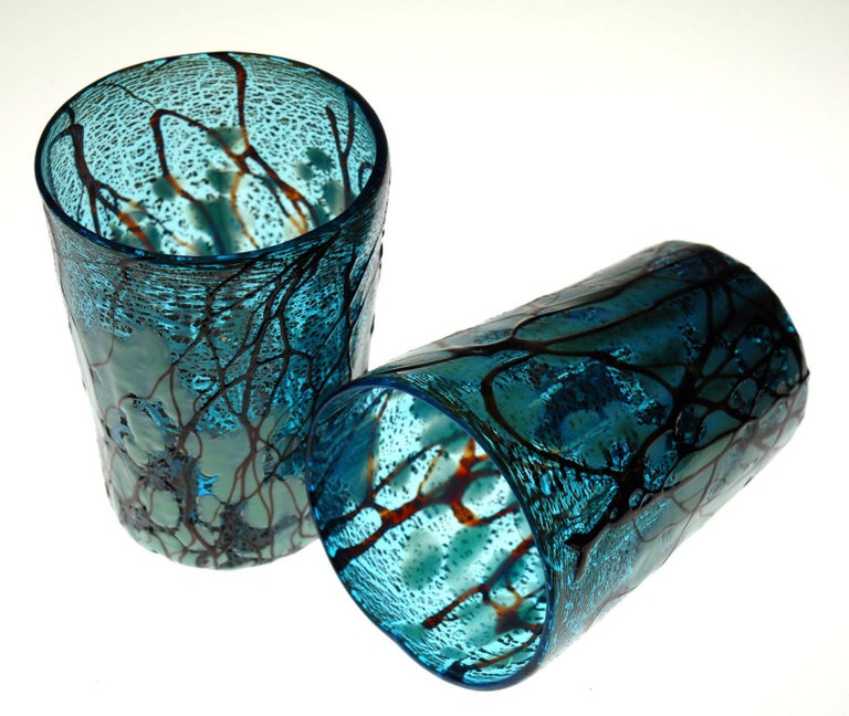 Amadi, Set of Two Tumblers, Murano Acquamarine with Relief Design, Silver Leaf 1