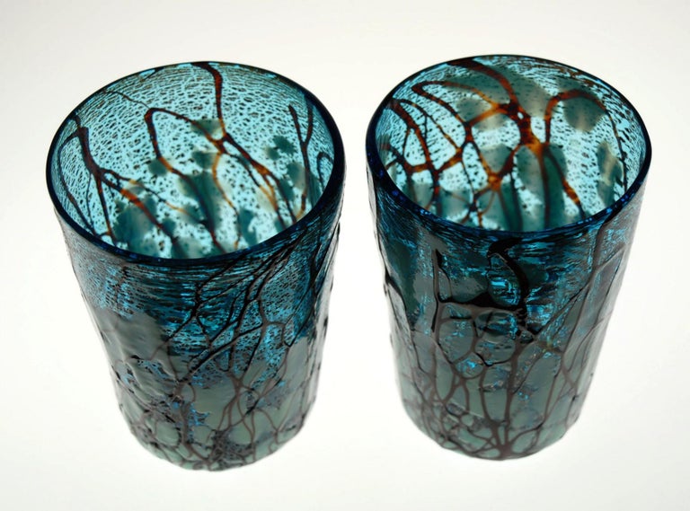 Amadi, Set of Two Tumblers, Murano Acquamarine with Relief Design, Silver Leaf 2
