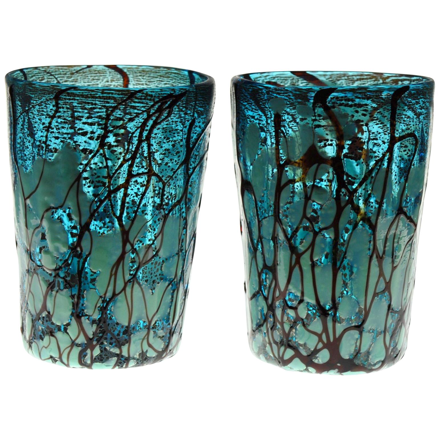 Amadi, Set of Two Tumblers, Murano Acquamarine with Relief Design, Silver Leaf