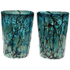 Retro Amadi, Set of Two Tumblers, Murano Acquamarine with Relief Design, Silver Leaf