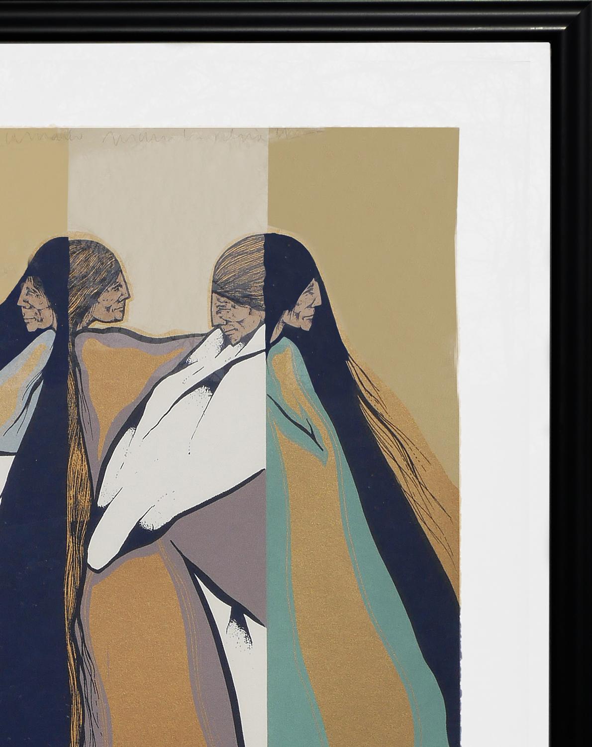 Teal, brown and blue tone abstract figurative original print by Amado Maurilio Pena. The piece depicts five women figures that either appear back-to-back or face-to-face. The women wear long jewel-toned garments with long, black, straight hair