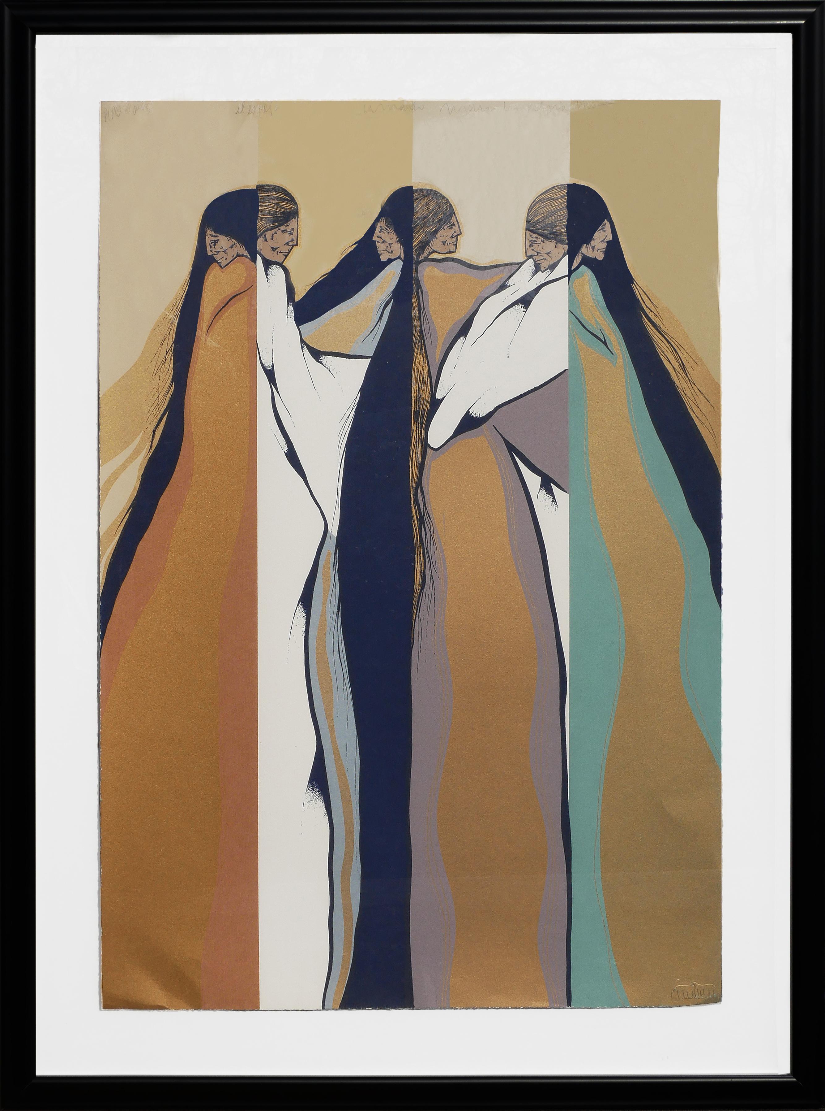Impression figurative moderniste dans les tons sarcelle, brun et bleu "El Espejo".