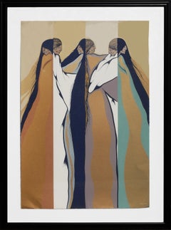 "El Espejo" Teal, Brown and Blue Toned Modernist Figurative Print