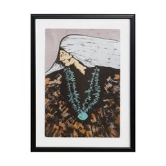 Teal, Brown and White Toned Modernist Figurative Print of a Native Elder