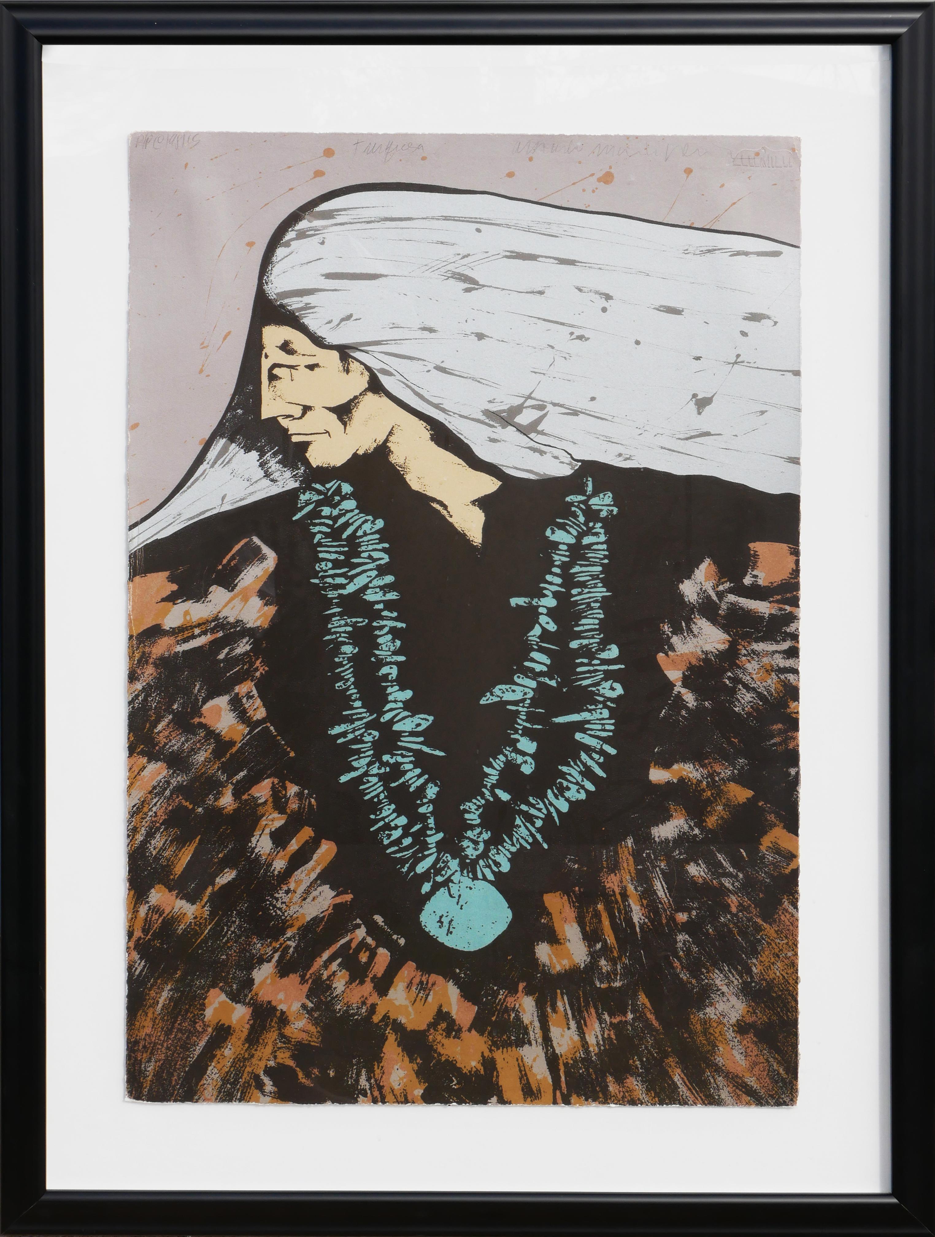 Abstract Print Amado Maurilio Pena - Impression figurative moderniste d'un aîné autochtone dans les tons sarcelle, brun et blanc