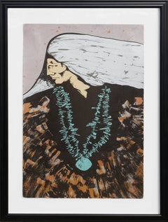 Teal, Brown and White Toned Modernist Figurative Print of a Native Elder