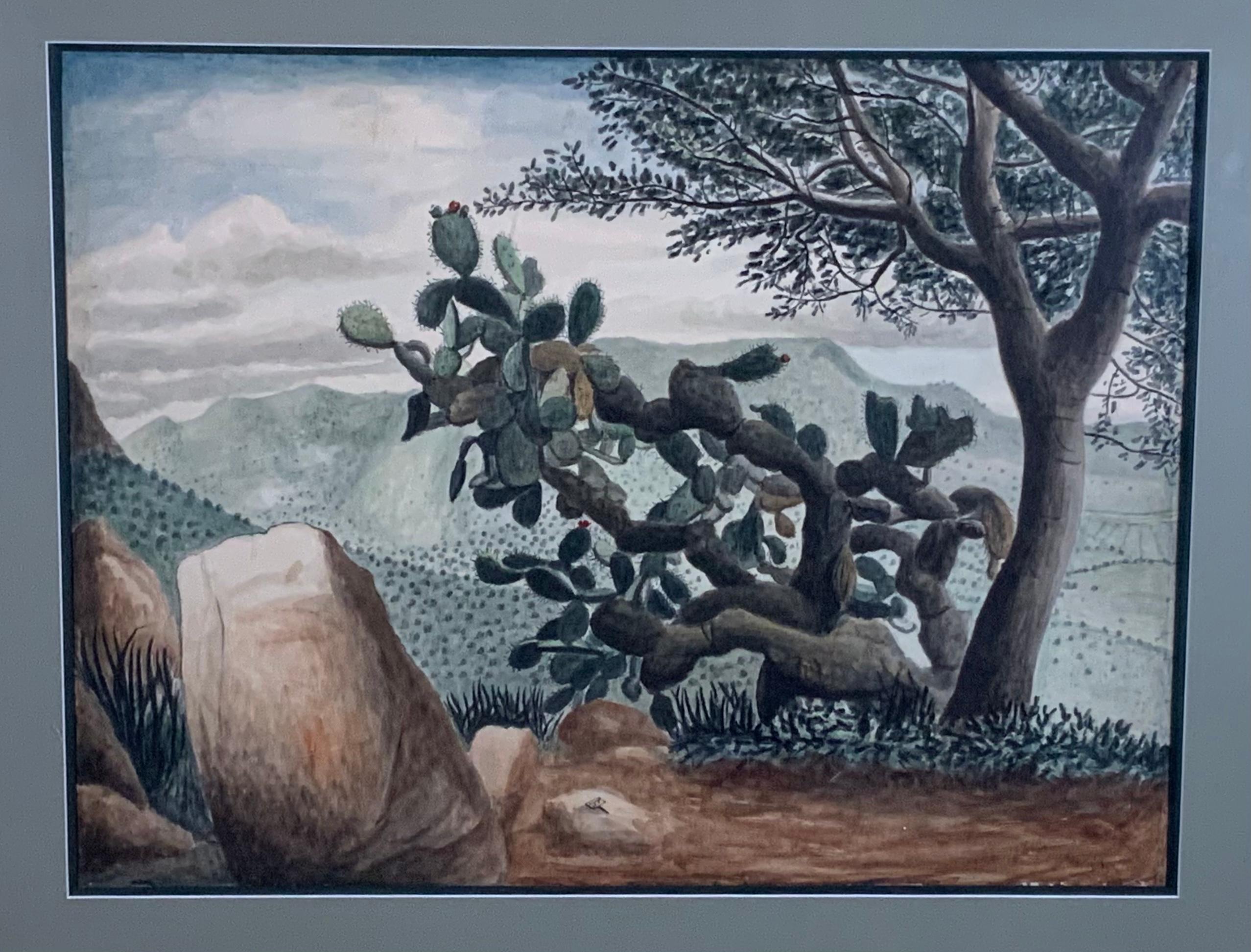 Amador Lugo Guadarrama - Peinture à l'aquarelle - Cactus solitaire sur la montagne en vente 3